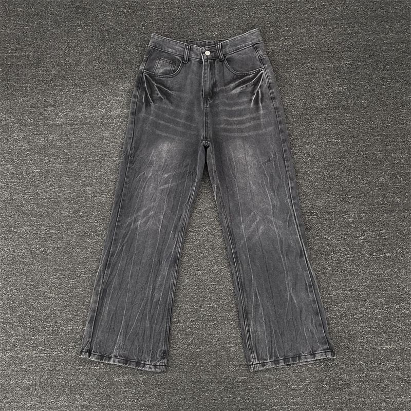 Streetwear Lightning Crack Wash Blue Jeans – Men’s Straight-Leg Flare Denim (M-3XL) – Stretch Cotton Blend, Mid-Rise, Zip Fly_mkmklike.com