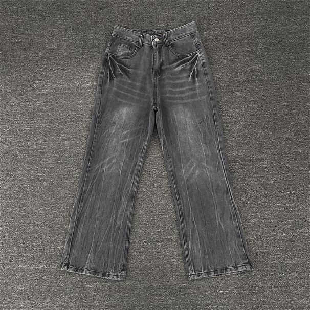 Streetwear Lightning Crack Wash Blue Jeans – Men’s Straight-Leg Flare Denim (M-3XL) – Stretch Cotton Blend, Mid-Rise, Zip Fly_mkmklike.com