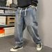 Men's Clothing Washed Distressed Work Jeans Men's Loose Harem Trousers American Style Slightly Flared Drawstring Elastic Dad Jeans_mkmklike.com