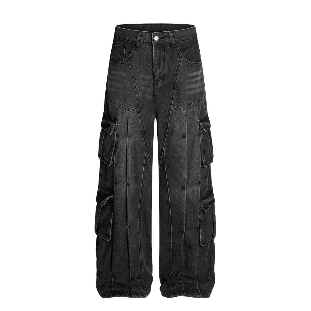 Punk Washed Denim Multi-Pocket Cargo Design Sense Men's Fashion High Street Trend Niche Wide-Leg Straight Pants_mkmklike.com