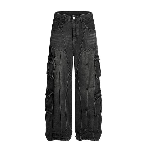 Punk Washed Denim Multi-Pocket Cargo Design Sense Men's Fashion High Street Trend Niche Wide-Leg Straight Pants_mkmklike.com
