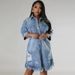 K Large Size Women's New Denim Ripped Tassel Short Sleeved Lapel Dress_mkmklike.com