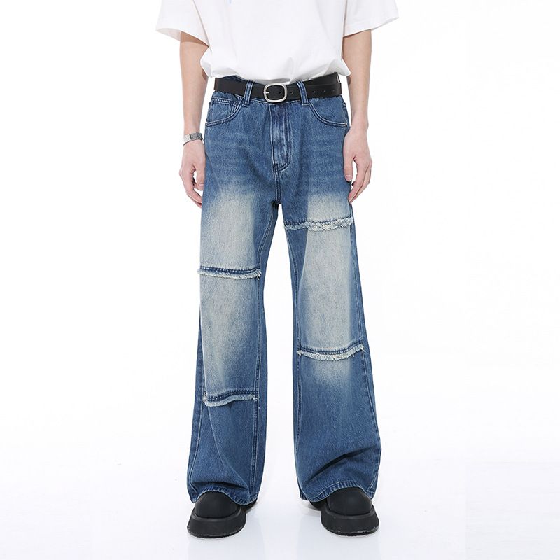 Distressed Raw Hem Relaxed Fit Straight Leg Jeans For Men & Women - High Street Hip Hop Denim Pants With Mid Rise_mkmklike.com