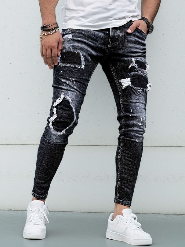 Men's Distressed Cat Whisker Patchwork Jeans – Slim Fit Stretch Denim, Vintage Wash (Cotton, Straight Leg, Streetwear Essential)_mkmklike.com