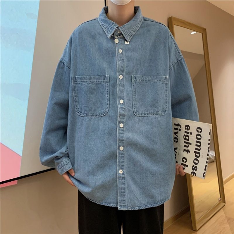 Northfold Men's Denim Long Sleeve Solid Color Autumn Korean Trendy Simple Shirt Hong Kong Style Loose Handsome Ins Jacket_mkmklike.com