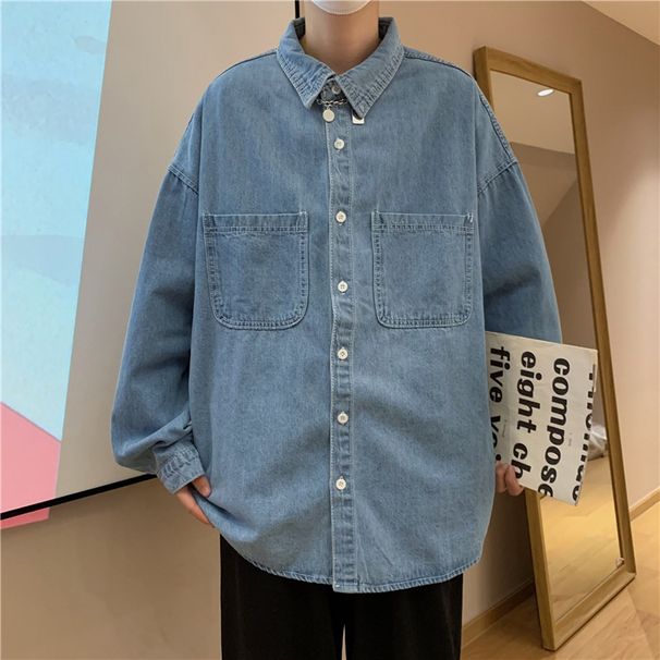 Northfold Men's Denim Long Sleeve Solid Color Autumn Korean Trendy Simple Shirt Hong Kong Style Loose Handsome Ins Jacket_mkmklike.com