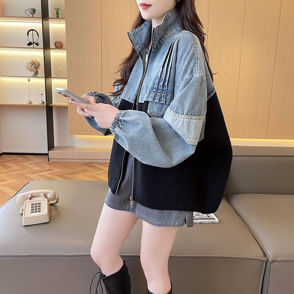Women's Denim-Patchwork Stand Collar Knit Cardigan Oversized Vintage Loose Fit Sweater Coat Casual Boho Chic_mkmklike.com