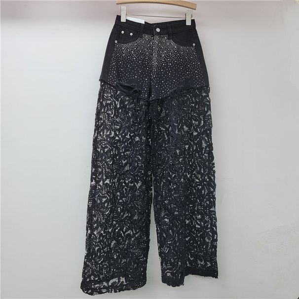Pink Lace Splicing Heavy Hot Diamond Wide Leg Pants For Women High Waist Slim Drape High End Straight Casual Pants_mkmklike.com