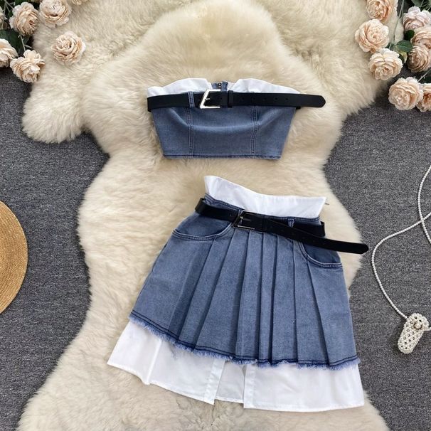 Hot girl retro workwear style suit female design niche tube top vest high waist pleated skirt denim two-piece suit_mkmklike.com