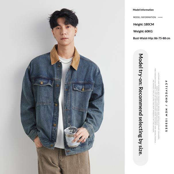 Yizhi American Retro Color Block Denim Men's Spring And Autumn Loose Trendy Handsome Workwear Jacket Men_mkmklike.com
