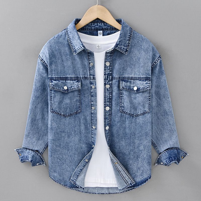 Autumn Casual Long Sleeved Denim Shirt, Men's Trendy Versatile Retro Pure Cotton Workwear Shirt, Men's Outerwear Top_mkmklike.com