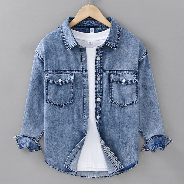 Autumn Casual Long Sleeved Denim Shirt, Men's Trendy Versatile Retro Pure Cotton Workwear Shirt, Men's Outerwear Top_mkmklike.com