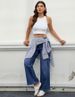 K New Straight Leg Jeans For Women, Loose And Comfortable Lace Up, Casual And Elastic High Waisted Pants_mkmklike.com