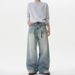 Unisex Vintage Washed Distressed Jeans – Cleanfit Slimming Wide Leg, Retro Straight Cut For Men & Women_mkmklike.com