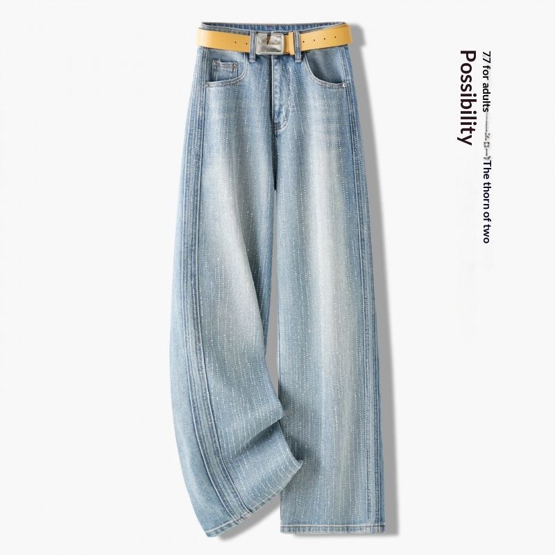 Light Blue Fashionable Rhinestone Wide-leg Jeans For Women, 2026 Spring And Autumn New Style, High-waisted, Slimming,_mkmklike.com