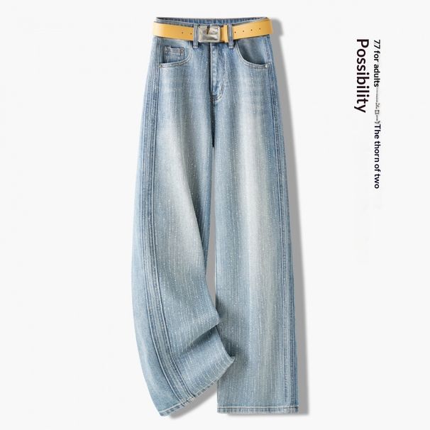 Light Blue Fashionable Rhinestone Wide-leg Jeans For Women, 2026 Spring And Autumn New Style, High-waisted, Slimming,_mkmklike.com