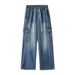 Men's American Vintage Washed Cargo Jeans, Multi-Pocket Utility Loose Wide Leg Denim Pants_mkmklike.com