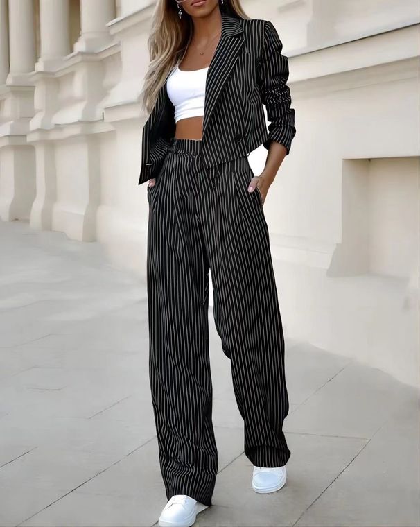 Women's Clothing temperament casual striped short lapel suit straight pants suit_mkmklike.com
