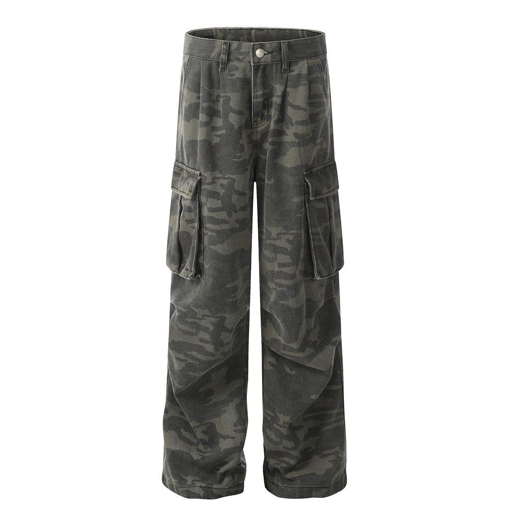 Loose Wide-Leg Cargo Men's Street Style Multi-Pocket Pleated Camouflage Outdoor Sports Denim Casual Pants_mkmklike.com