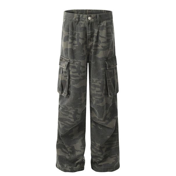 Loose Wide-Leg Cargo Men's Street Style Multi-Pocket Pleated Camouflage Outdoor Sports Denim Casual Pants_mkmklike.com