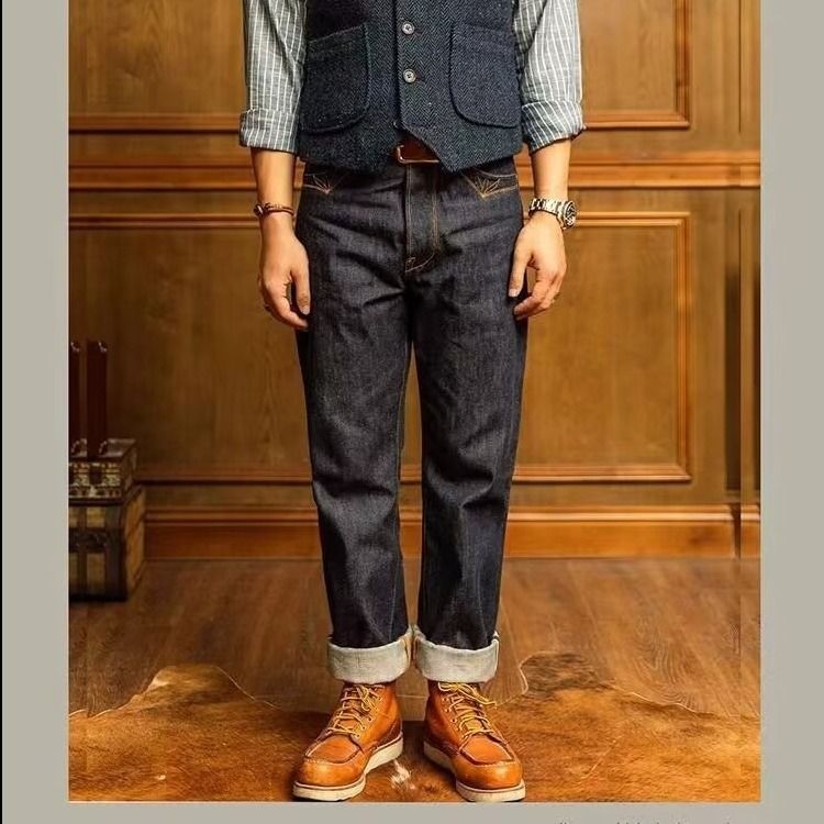 Men's Clothing Retro Heavy Thick Jeans Men's Straight Denim Red Ears Amei Khaki Long Pants Men's Winter_mkmklike.com