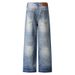 Men's Clothing American Retro Washed Distressed Lightning Jeans For Men And Women Loose Straight Wide Leg Floor Length Trousers_mkmklike.com