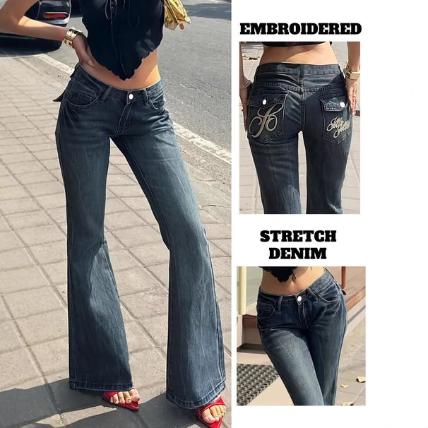 Women's Retro Style Low Rise Flared Jeans Letter Embroidery Stretch Denim Trousers Cross Border Fashion_mkmklike.com