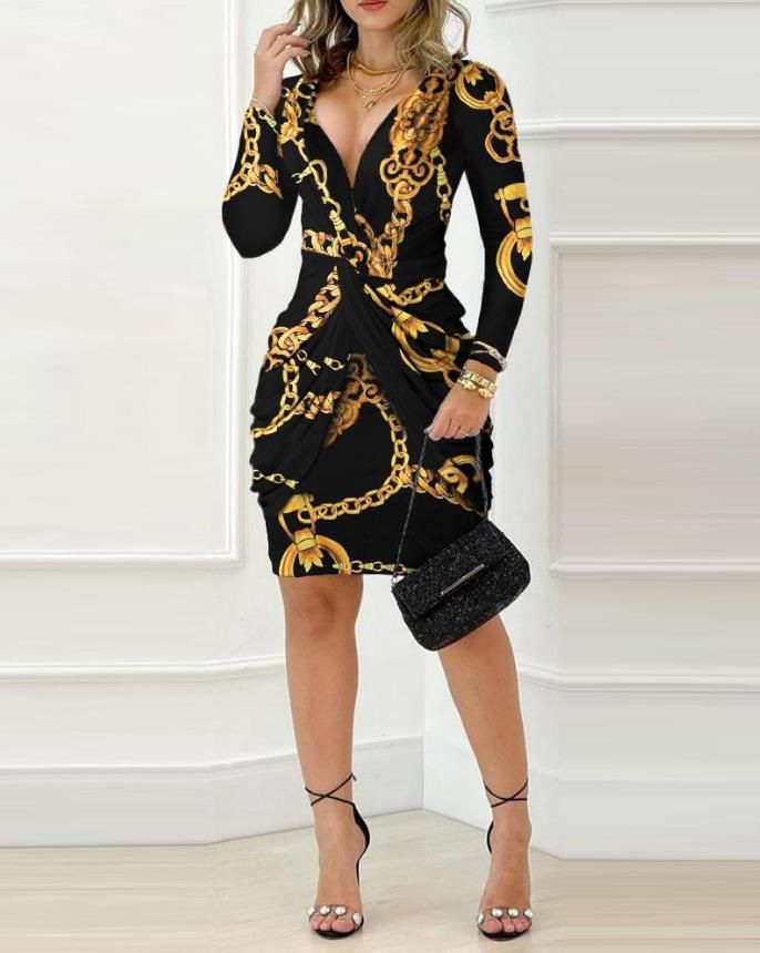 Women's chain print kink irregular long sleeve V-neck hip wrap dress_mkmklike.com