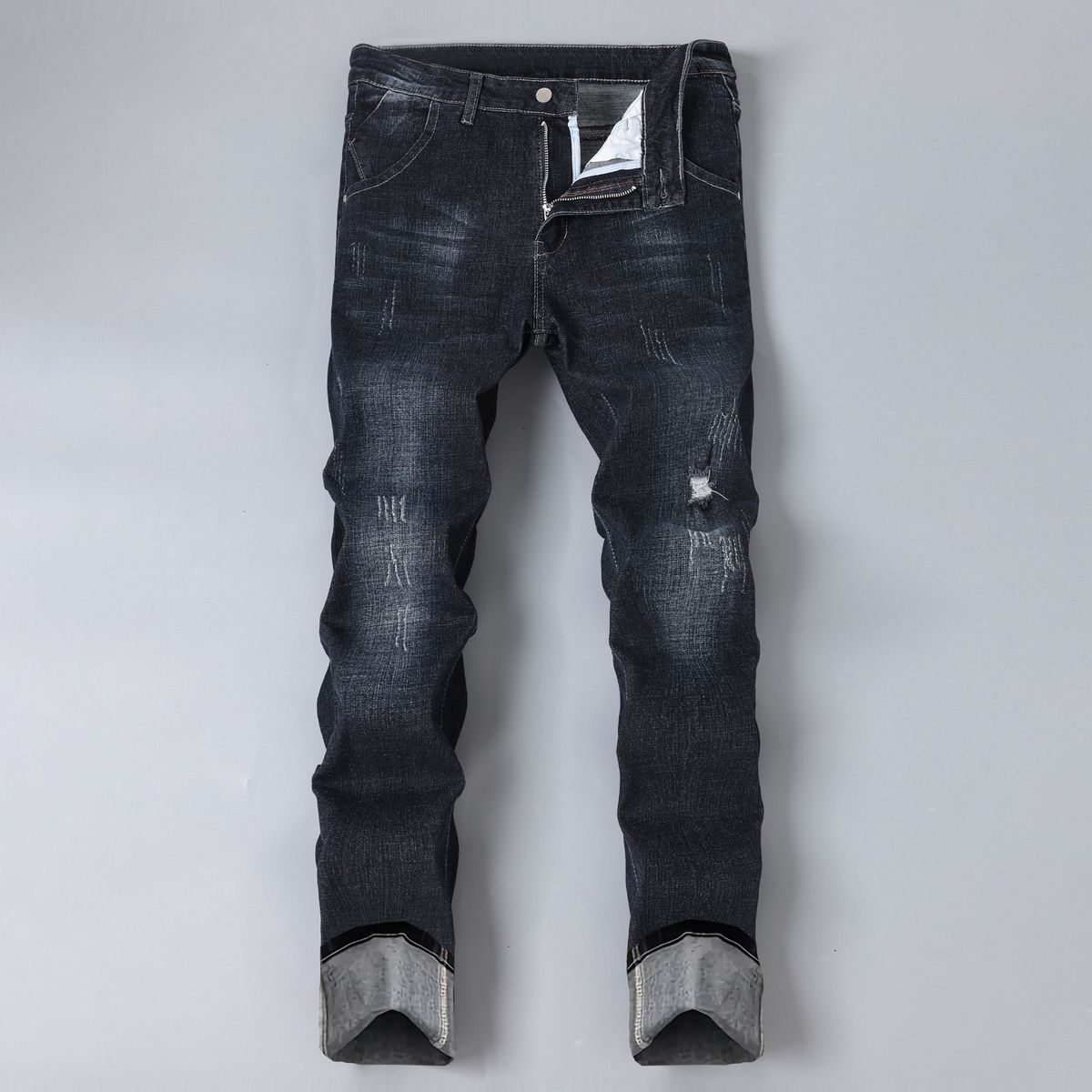 Men's Handmade Worn-out Black Jeans With Elastic Fashion, Multi Craft Washing, Slim Fit Denim Pants, Versatile Men's Pants For All Seasons_mkmklike.com