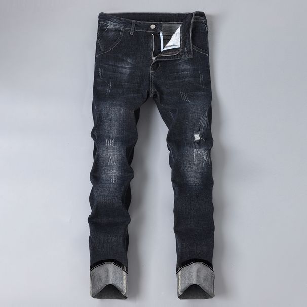 Men's Handmade Worn-out Black Jeans With Elastic Fashion, Multi Craft Washing, Slim Fit Denim Pants, Versatile Men's Pants For All Seasons_mkmklike.com