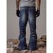 Industrial Washed Blue Distressed Straight Flared Jeans | Asian Cleanfit Style | Water Ripple Texture | Men's Relaxed Fit_mkmklike.com