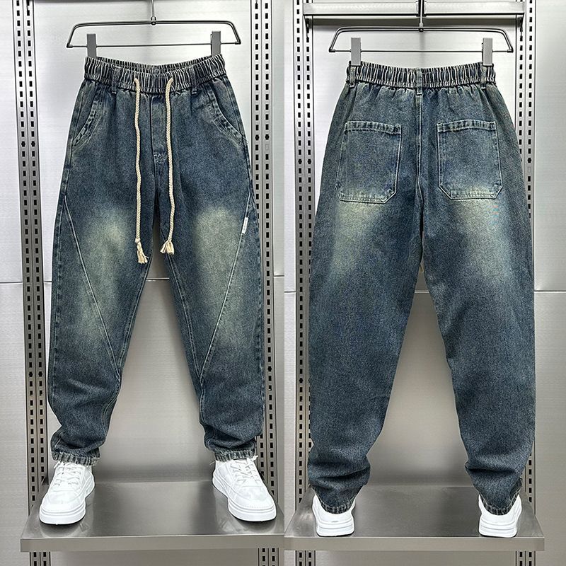Men's Distressed Washed Jeans – Vintage Relaxed Fit With Drawstring Waist & Patchwork Detail Heritage Washes_mkmklike.com