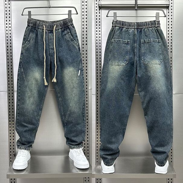 Men's Distressed Washed Jeans – Vintage Relaxed Fit With Drawstring Waist & Patchwork Detail Heritage Washes_mkmklike.com