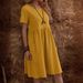Women's clothing women's retro cotton and linen loose pocket solid color round neck dress in stock_mkmklike.com