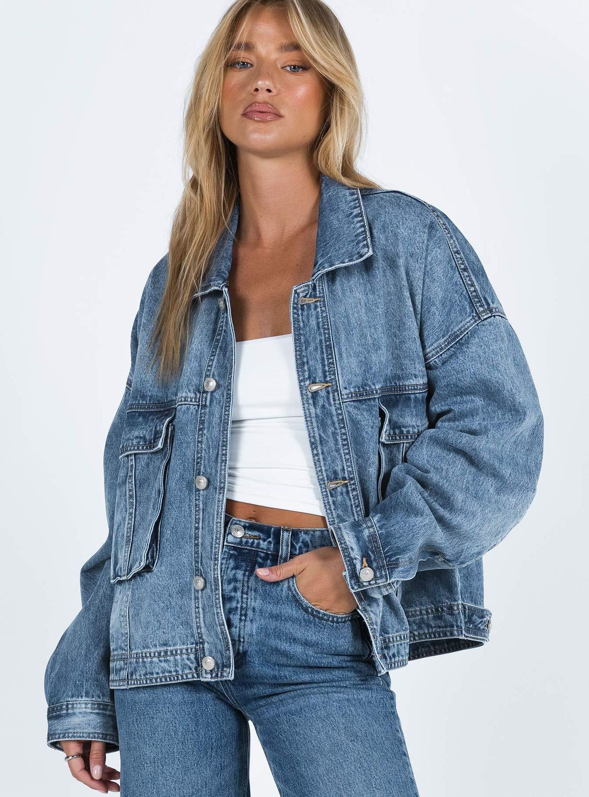 Women's Loose Casual Long Sleeve Denim Jacket Multi Pocket Workwear Spring New Arrival_mkmklike.com