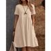 Women's clothing women's retro cotton and linen loose pocket solid color round neck dress in stock_mkmklike.com