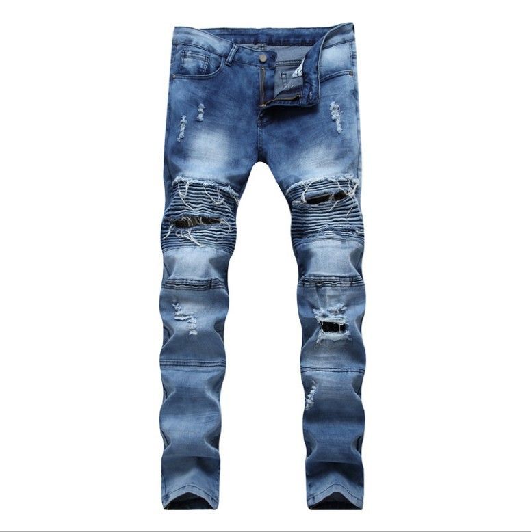 Men's Slim Fit Ripped Biker Jeans Stretchy Versatile Trendy Slimming Midweight Cotton Wide Leg Pants Blue Black_mkmklike.com