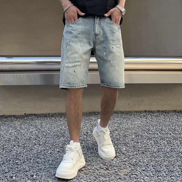 Men's Clothing Summer Mid Length Pants Trendy Brand Patch Hole Five Point Denim Shorts Men Ins Handsome Trendy Half Length Pants Youth Five_mkmklike.com