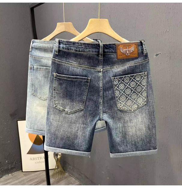 Men's Slim Fit Stretchy Denim Shorts Gray Mid-Length Casual Embroidered Versatile Summer Thin Five Point Trendy Online Popular_mkmklike.com