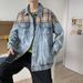 Men's Distressed Denim Jacket With Patchwork Design, Loose Fit, Vintage Style, Casual Outerwear For Spring & Autumn_mkmklike.com