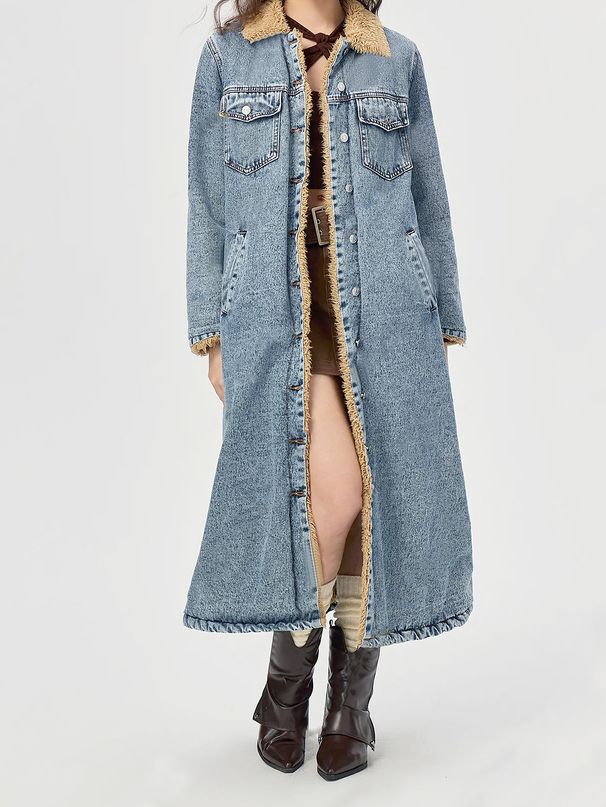 Women's Oversized Long Denim Jacket With Fleece Lining - Street Fashion Winter Coat_mkmklike.com