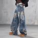 Vintage Blue Washed Relaxed Straight Leg Men's Jeans - Classic Denim With Distressed Details Versatile Styling_mkmklike.com