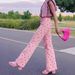 Women's Clothing Pink Heart Patterned Wide Leg Jeans Slim Fit European American Style_mkmklike.com