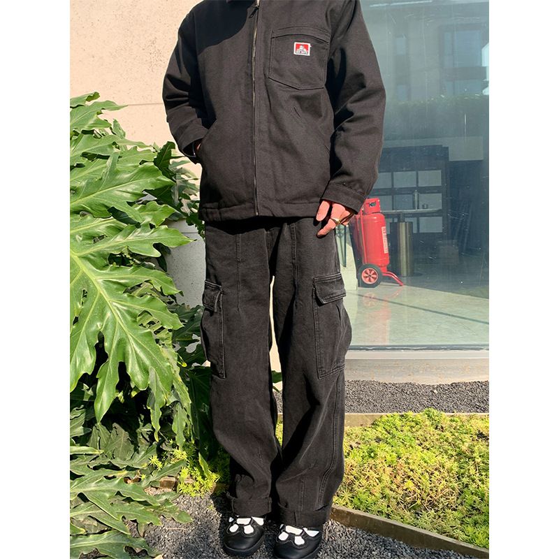 Cityboy Japanese Style Men's Cargo Jeans Dark Blue Washed Straight Leg Multi Pocket Skateboard Pants American Street Style Relaxed Fit_mkmklike.com