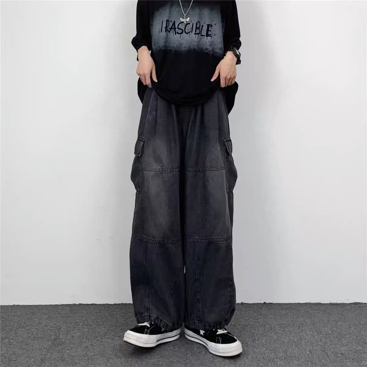 Men's High Street Vintage Wide Leg Cargo Jeans Loose Fit Straight Denim Pants With Big Pockets Streetwear Fashion_mkmklike.com