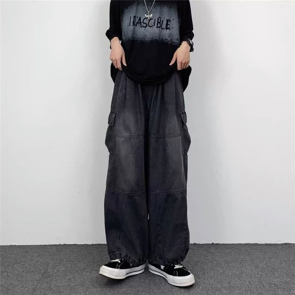 Men's High Street Vintage Wide Leg Cargo Jeans Loose Fit Straight Denim Pants With Big Pockets Streetwear Fashion_mkmklike.com