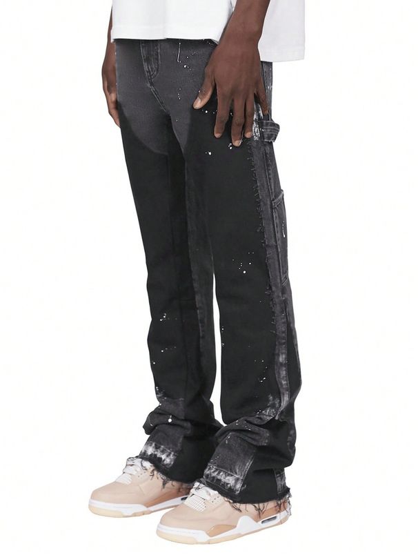 Men's Straight Leg Color Block Cargo Pants Fashionable And Versatile High Street Style American Retro Jeans for Foreign Trade And Cross Border_mkmklike.com
