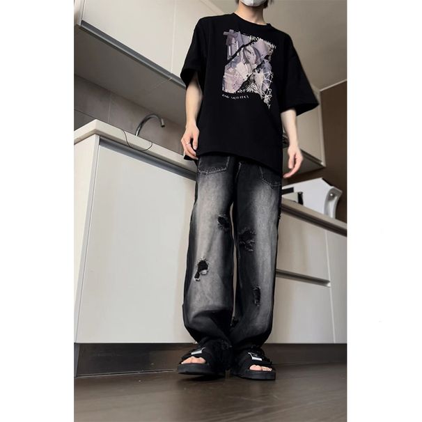 Nordmann American Style Vibe Jeans For Men, Reversible Design, Vintage Washed Casual Distressed Straight Pants, Gradient Trendy_mkmklike.com