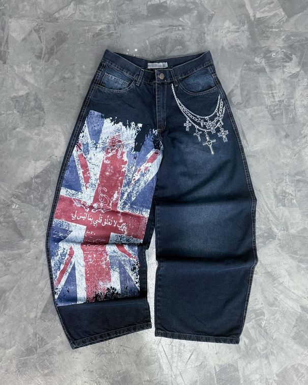 British Flag & Cross Embroidered Wide-Leg Jeans - Vintage Streetwear Denim Pants For Men (High Waist, Straight Fit, Deep Blue/Full Print)_mkmklike.com