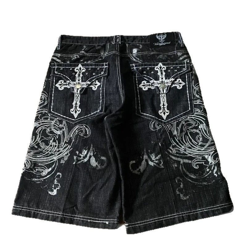 Heavy Embroidery Rhinestone Denim Shorts Trendy Harajuku Style For Men And Women Dark Color Style_mkmklike.com